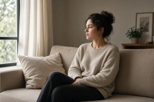 Young woman sitting quietly on a sofa looking out a window, illustrating the emotional impact of depression and anxiety in epilepsy