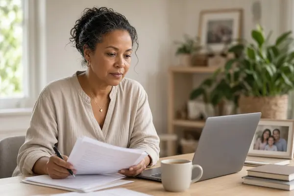 Middle-aged woman reviewing documents at a home desk with laptop, representing everyday life for people with epilepsy who never need surgery