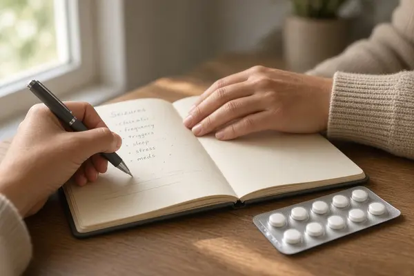 Hands writing in a seizure diary notebook next to a blister pack of antiseizure medication on a wooden table