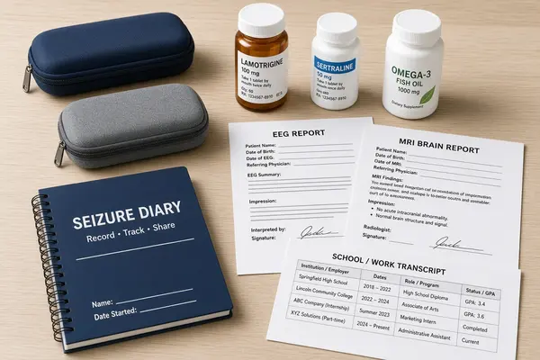 Seizure diary, medication bottles, EEG and MRI reports, eyeglasses cases, and school transcripts arranged for a neuropsychological evaluation