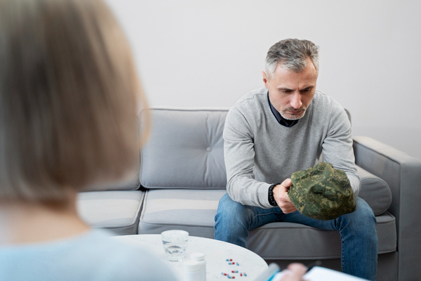 Veteran holding camouflage hat during therapy session