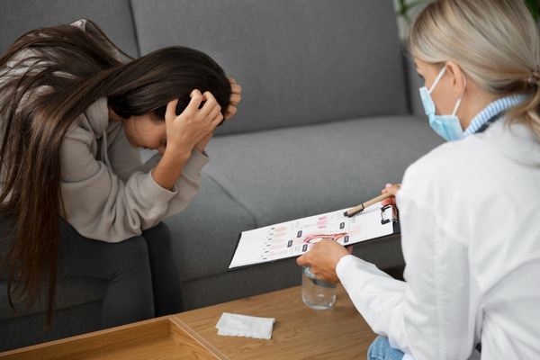 Distressed woman holding head during medical consultation