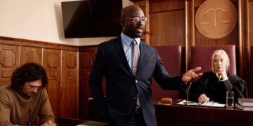 An attorney addressing the courtroom during a trial.