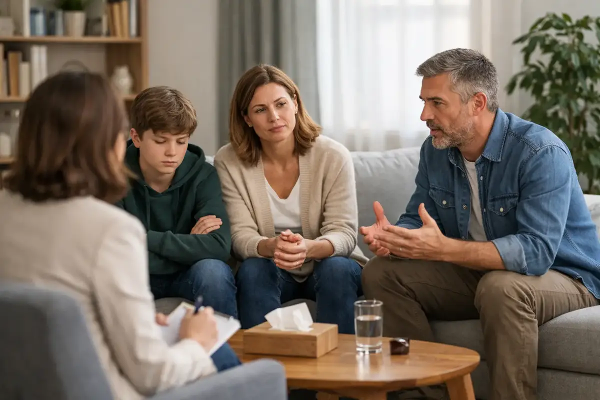 Family speaking with therapist