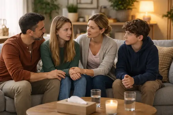 Parents listening to teens during a family talk