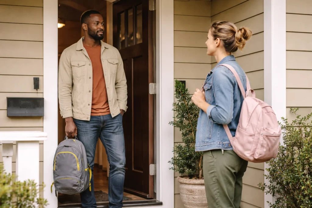 A parent calmly setting boundaries during a co-parenting conversation at a front doorstep during a child custody exchange
