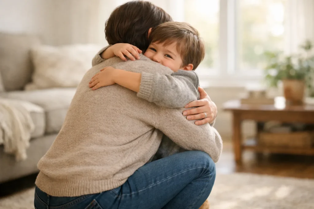 A parent comforting a child with a hug, symbolizing the importance of shielding children from co-parenting disagreements
