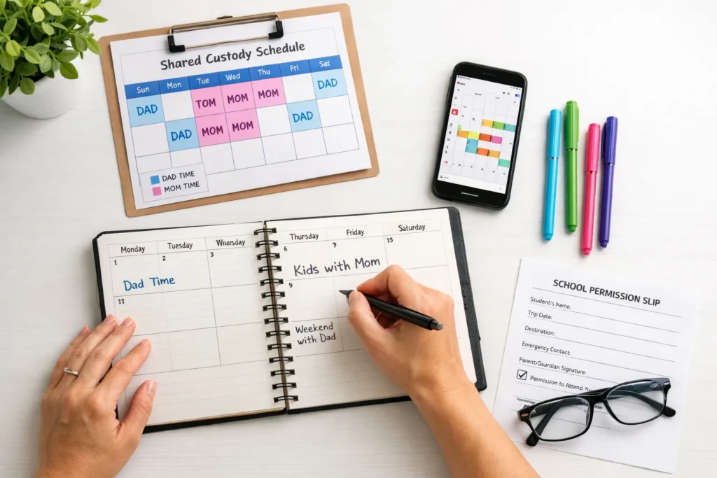 A parent writing down school events and custody schedules in a planner to stay organized for co-parenting responsibilities