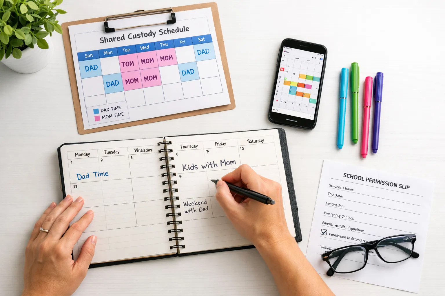 A Florida parenting plan and calendar open at the section covering consent to mental health treatment for a child