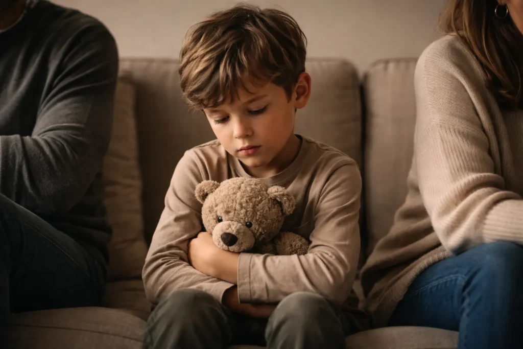 A young child sitting between two parents looking uncomfortable, illustrating the emotional impact of parental conflict on children