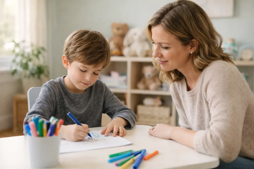 A young child drawing during an individual therapy session as a therapist listens, representing the child-centered focus of reunification counseling