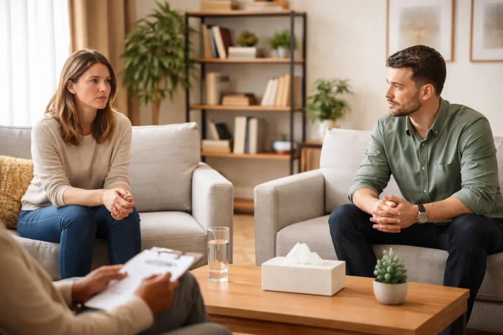 Two parents having a structured conversation with a family therapist to resolve co-parenting conflict during reunification therapy
