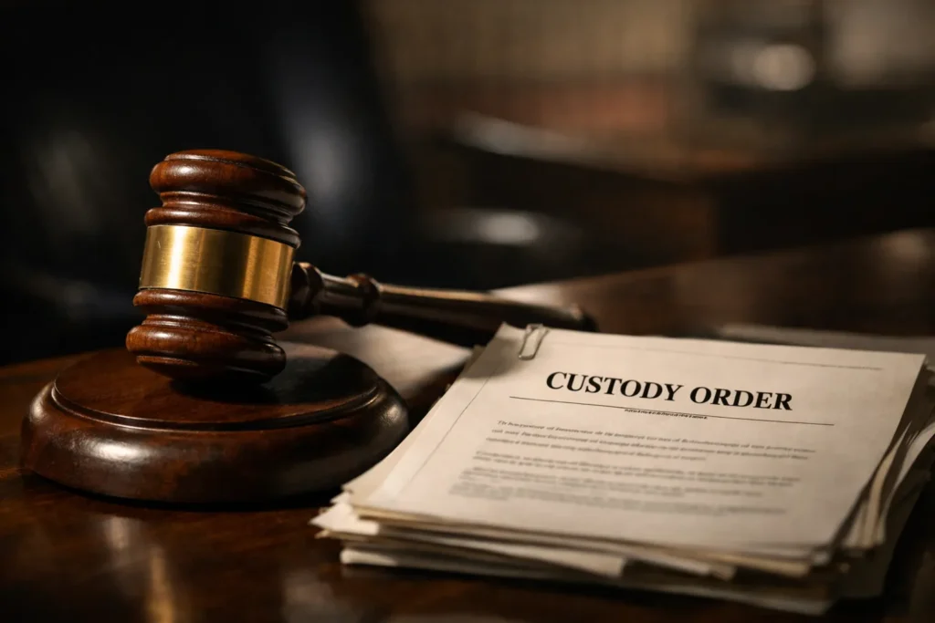 Judge's gavel beside custody order documents for reunification therapy