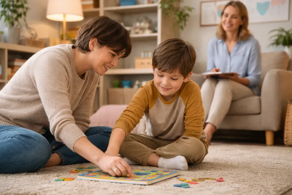 A parent and child working on a collaborative activity together during a guided reunification therapy session
