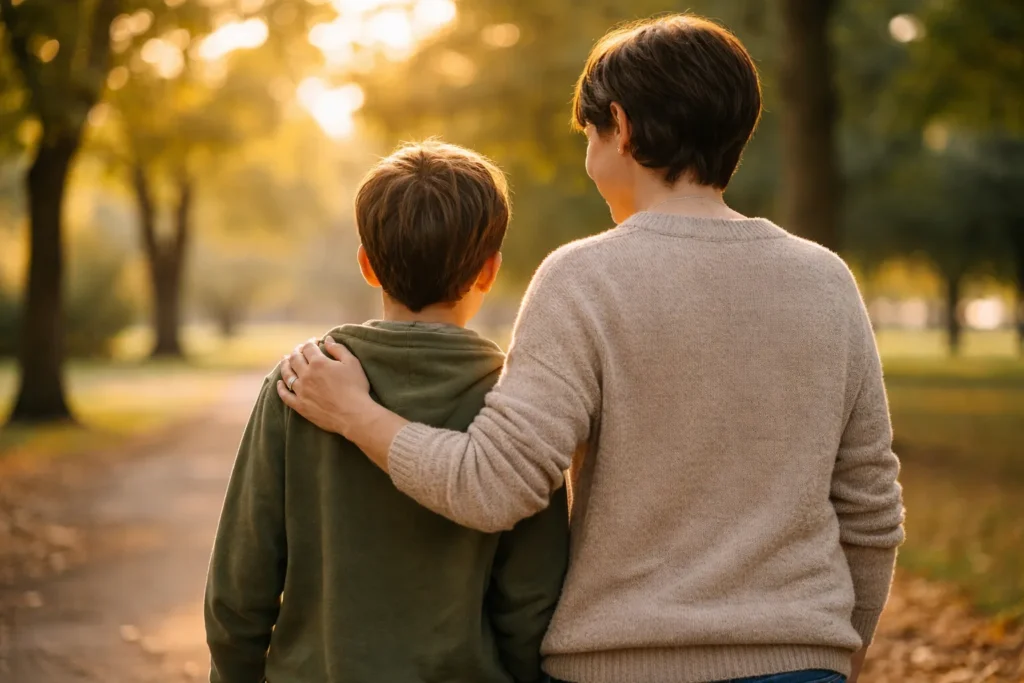 A reunified family walking together outdoors, symbolizing continued growth and connection after completing reunification therapy
