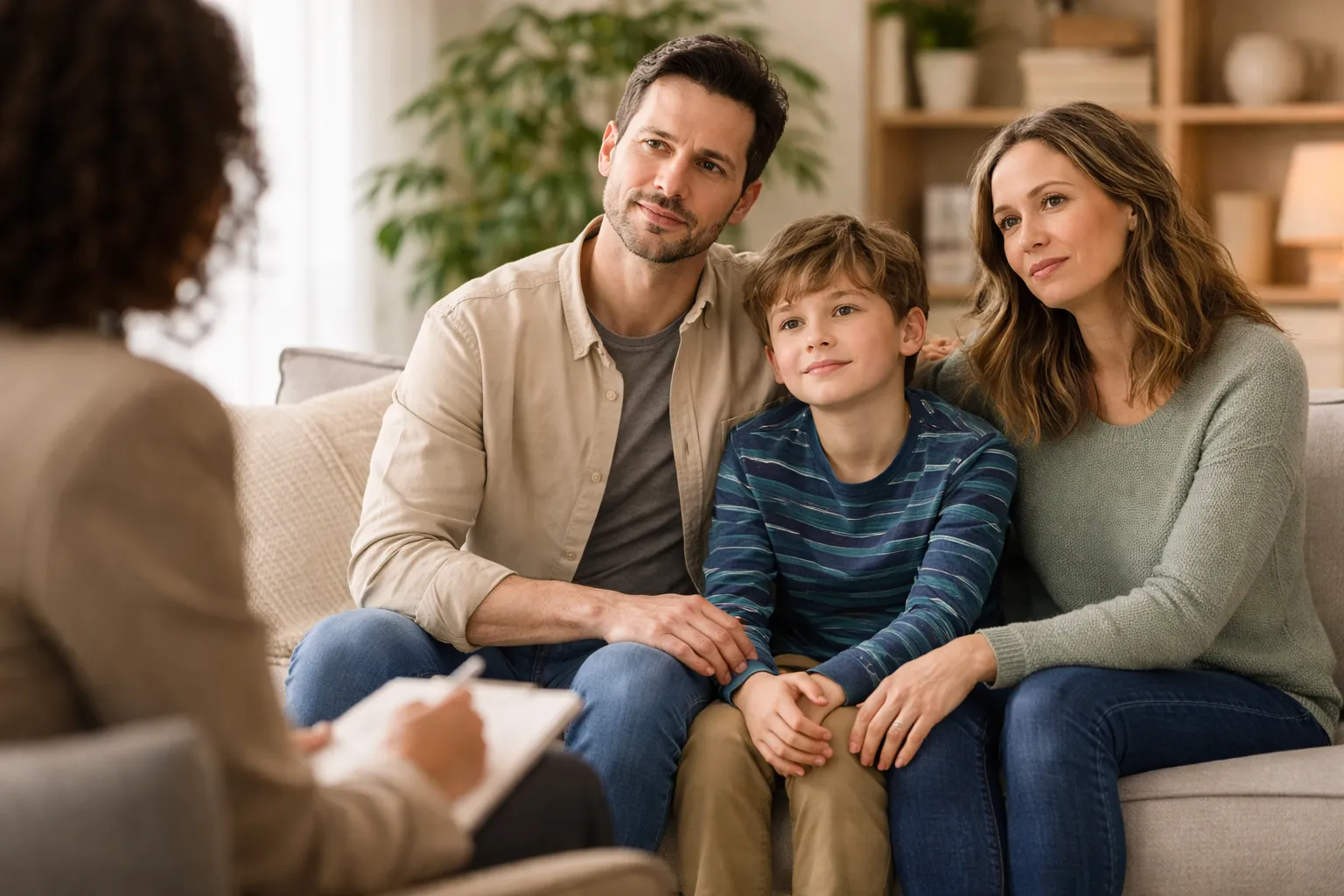 A family sitting together in a therapist's office during a reunification therapy session, working toward rebuilding their relationship