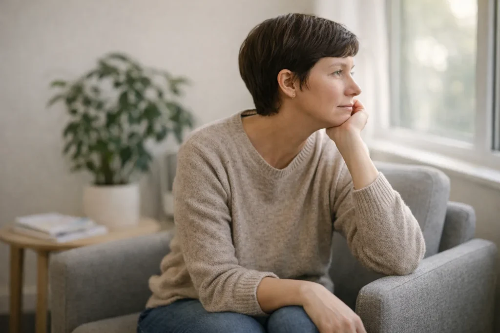 A parent reflecting quietly in a therapy waiting room, representing the emotional challenges faced during the reunification process

