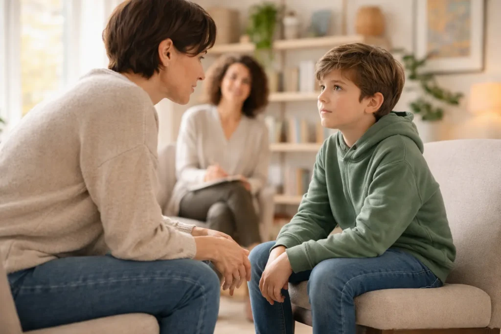 A parent and child sitting face to face during a guided therapy session focused on rebuilding trust and communication
