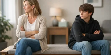 Parent and child sitting apart before reunification therapy session