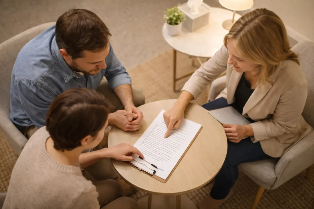 A therapist and two parents reviewing a written reunification therapy plan together at a table in a counseling office
