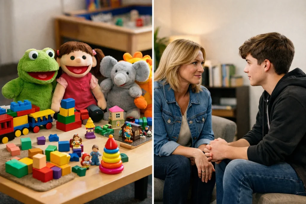 Play therapy tools and parent-teen conversation in family reunification
