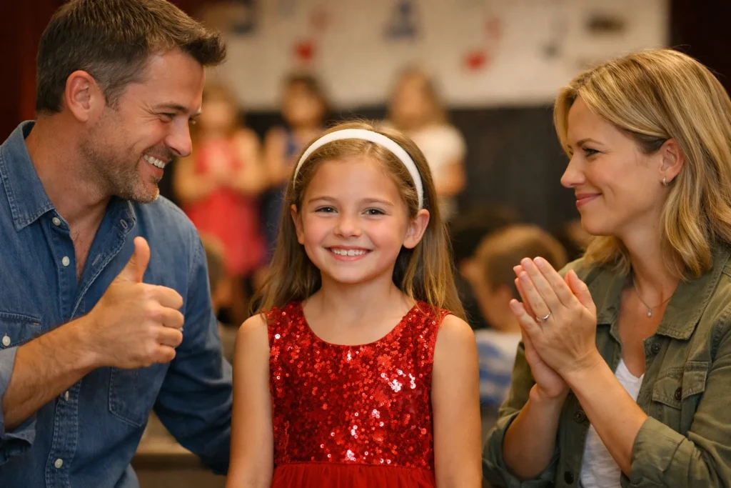 Two parents focusing on their smiling child together at a school event, showing a child-centered co-parenting approach