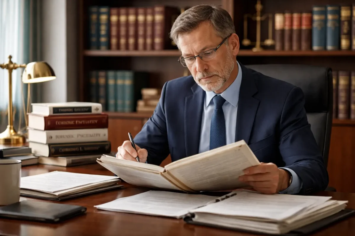 Forensic psychiatrist reviewing case files in office