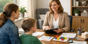Psychologist reviewing psychoeducational assessment results with parent and child