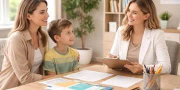 Parent and child meeting with psychologist for psychoeducational testing session