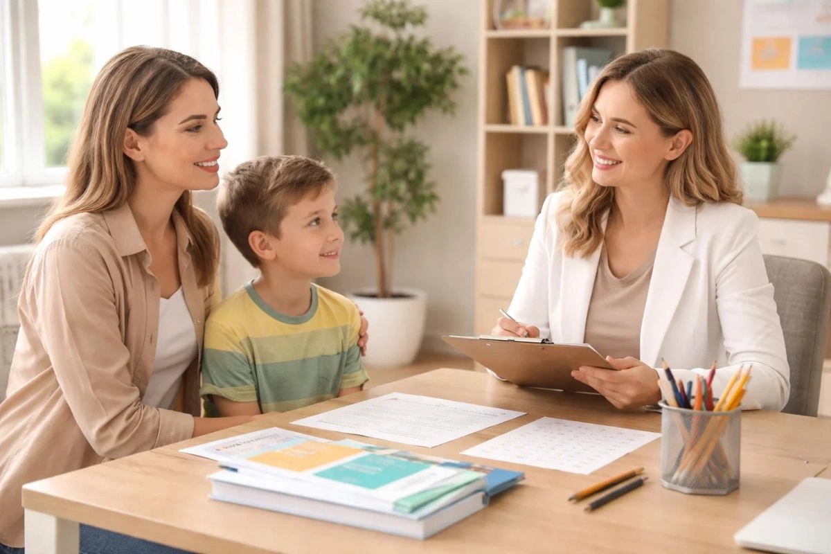 Parent and child meeting with psychologist for psychoeducational testing session