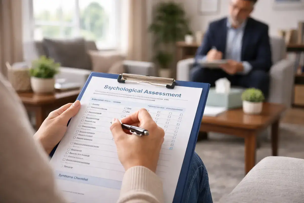 Person completing a psychological test in a professional evaluation setting