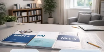 Psychologist office with psychological testing materials on desk