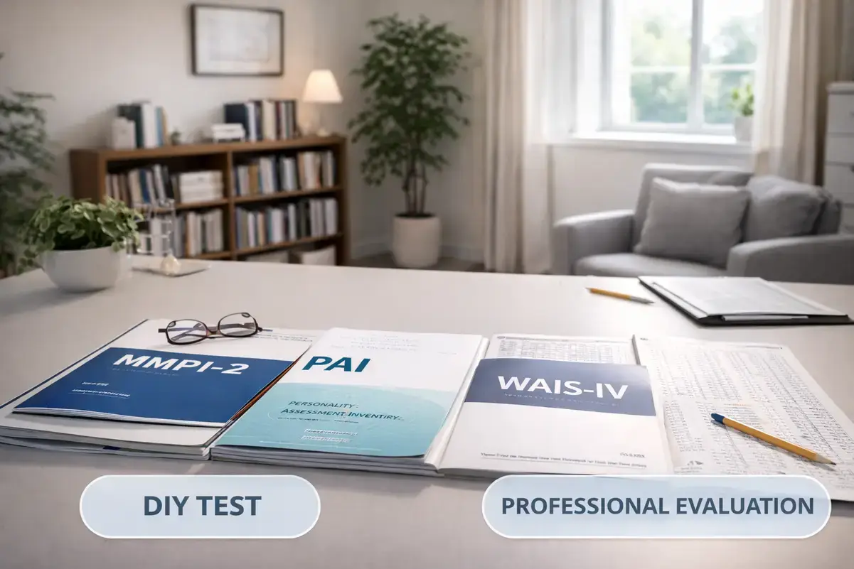 Psychologist office with psychological testing materials on desk