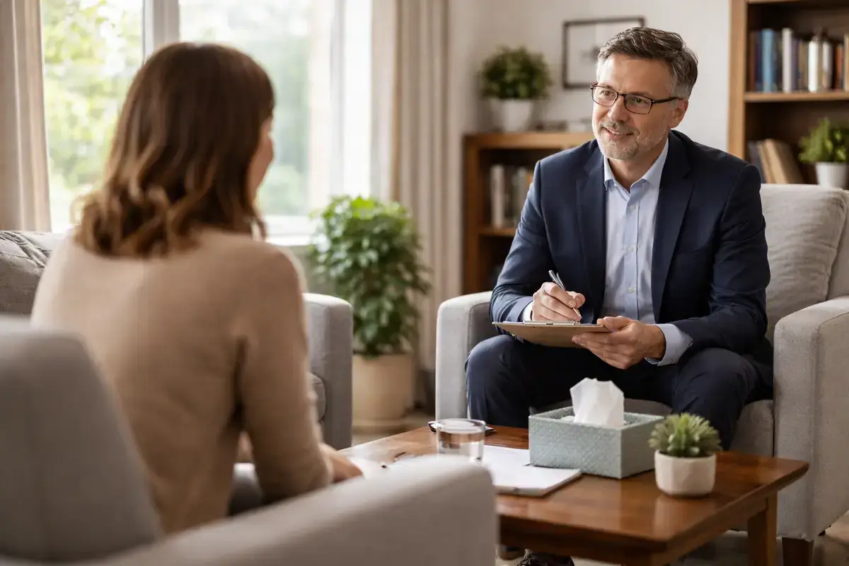 Person talking to a mental health professional in a therapy office