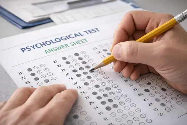 Person completing standardized psychological test answer sheet
