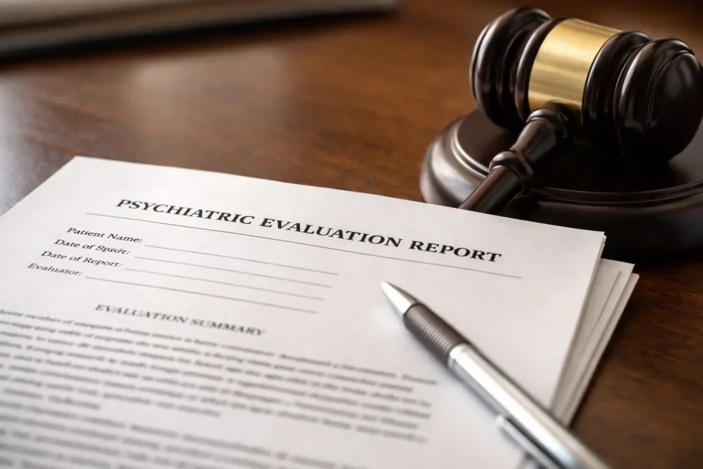 Psychiatric evaluation report next to a courtroom gavel
