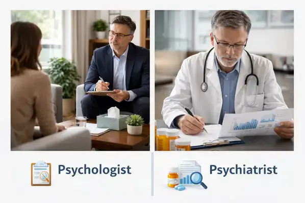 Side-by-side comparison of psychologist therapy session and psychiatrist medical review
