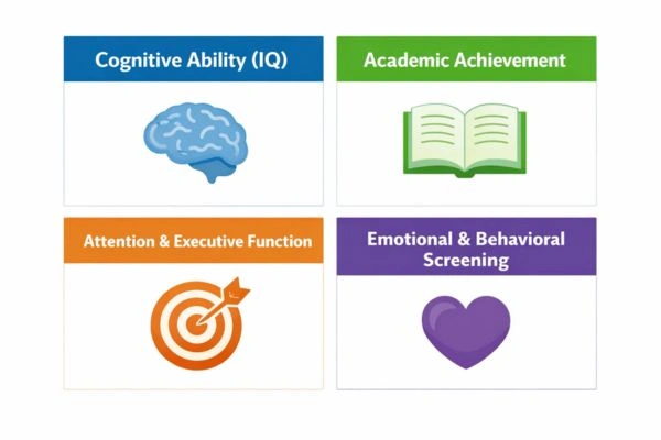 Four components of a psychoeducational assessment for ADHD infographic