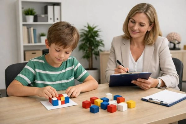 Child completing cognitive assessment during psychoeducational evaluation