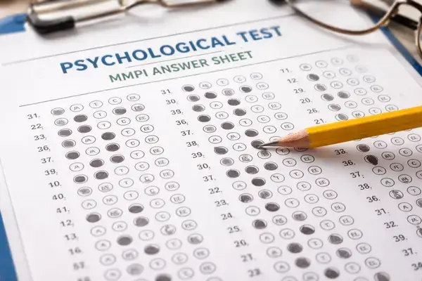 Close-up of a psychological test answer sheet showing filled-in responses