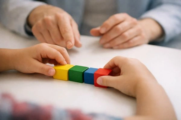 Child completing block design task during ADHD psychoeducational testing