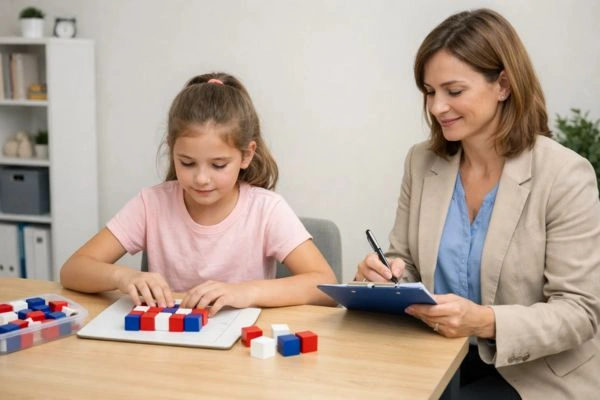 Child completing cognitive assessment during psychoeducational evaluation