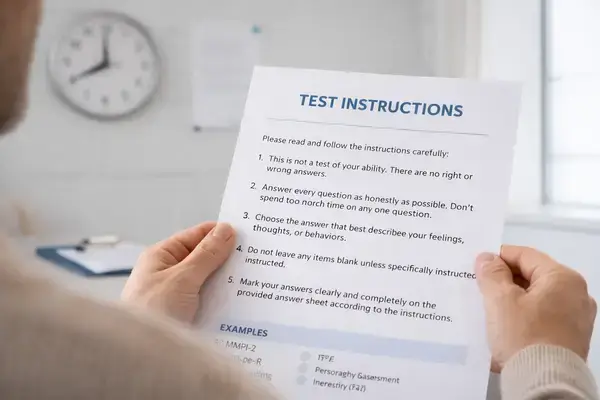 Test-taker reviewing instructions during a timed psychological evaluation