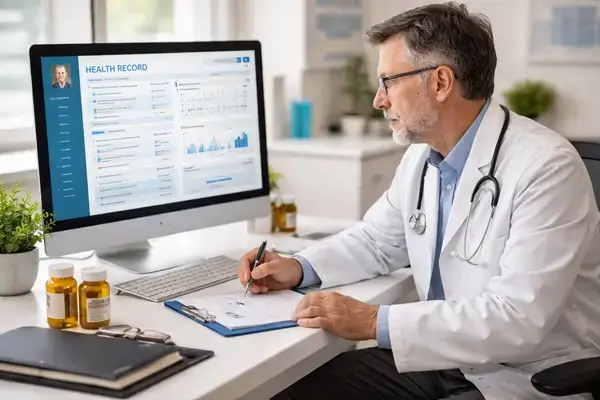 Psychiatrist reviewing patient records in a clinical office