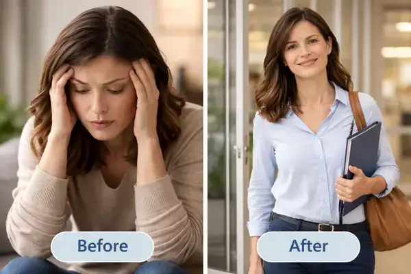 Person moving from confusion to confidence after choosing a mental health provider
