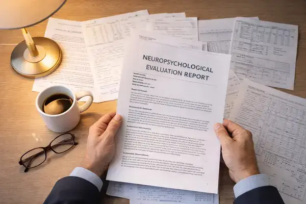 Psychologist reviewing detailed psychological evaluation report
