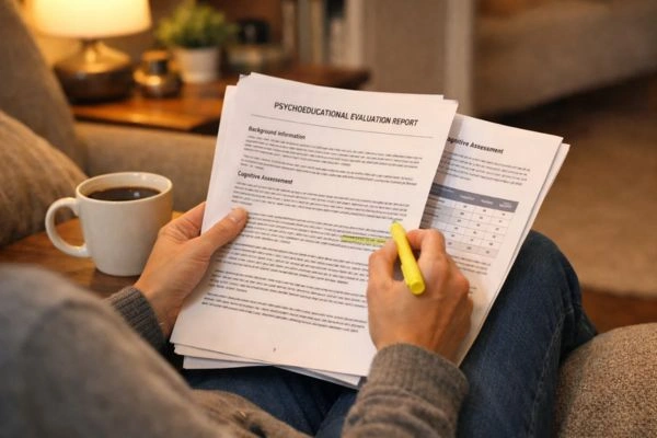 Parent reviewing psychoeducational testing report with recommendations