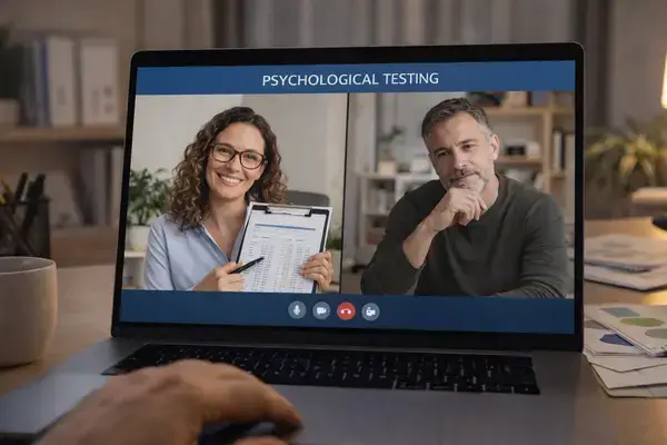 Telehealth psychological testing session on laptop
