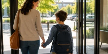 Parent and child entering neuropsychological evaluation offic