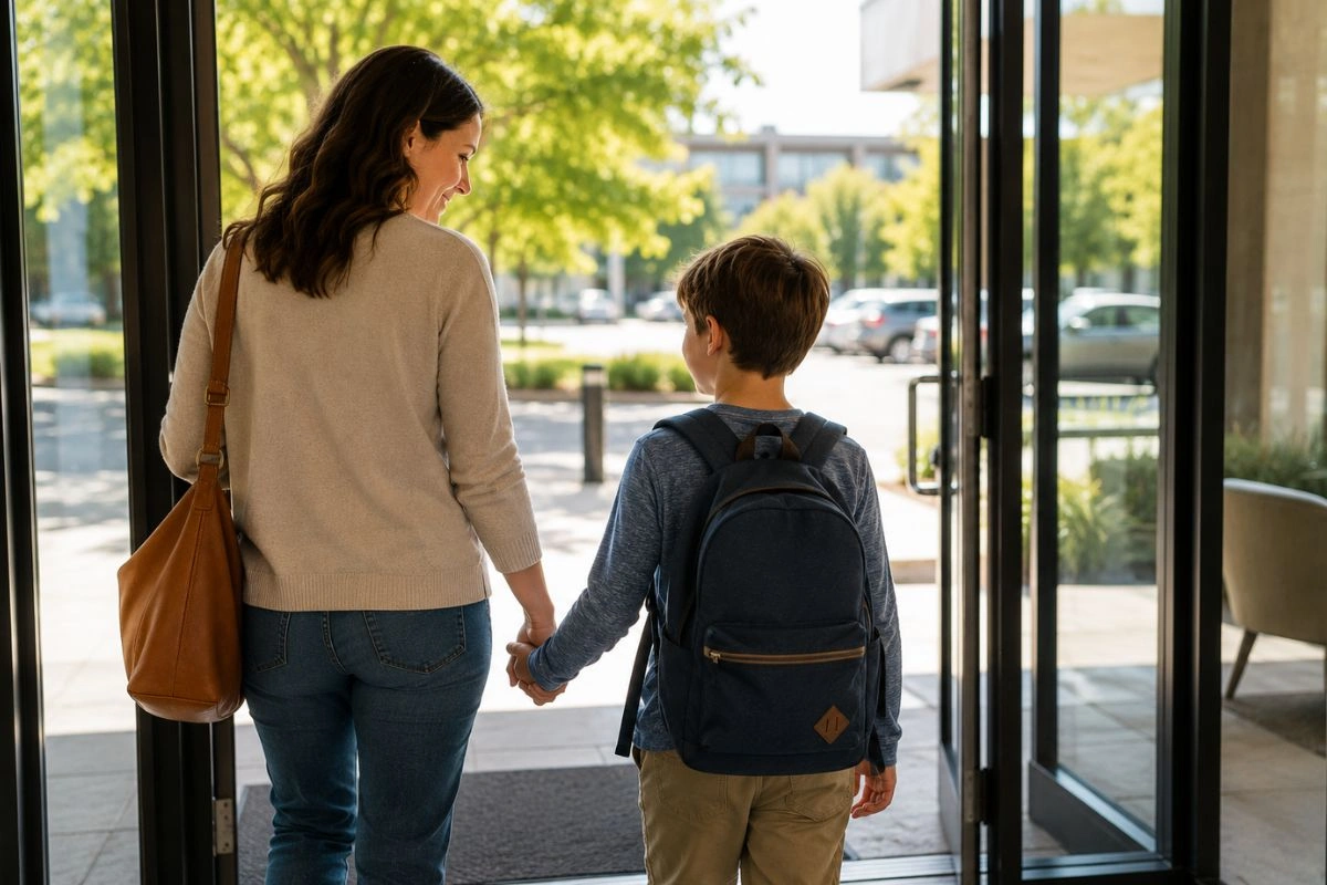 Parent and child entering neuropsychological evaluation offic
